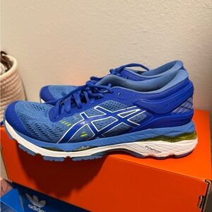 ASICS Blue Running Shoes with White Logo and Lime Accent. Kayano 24